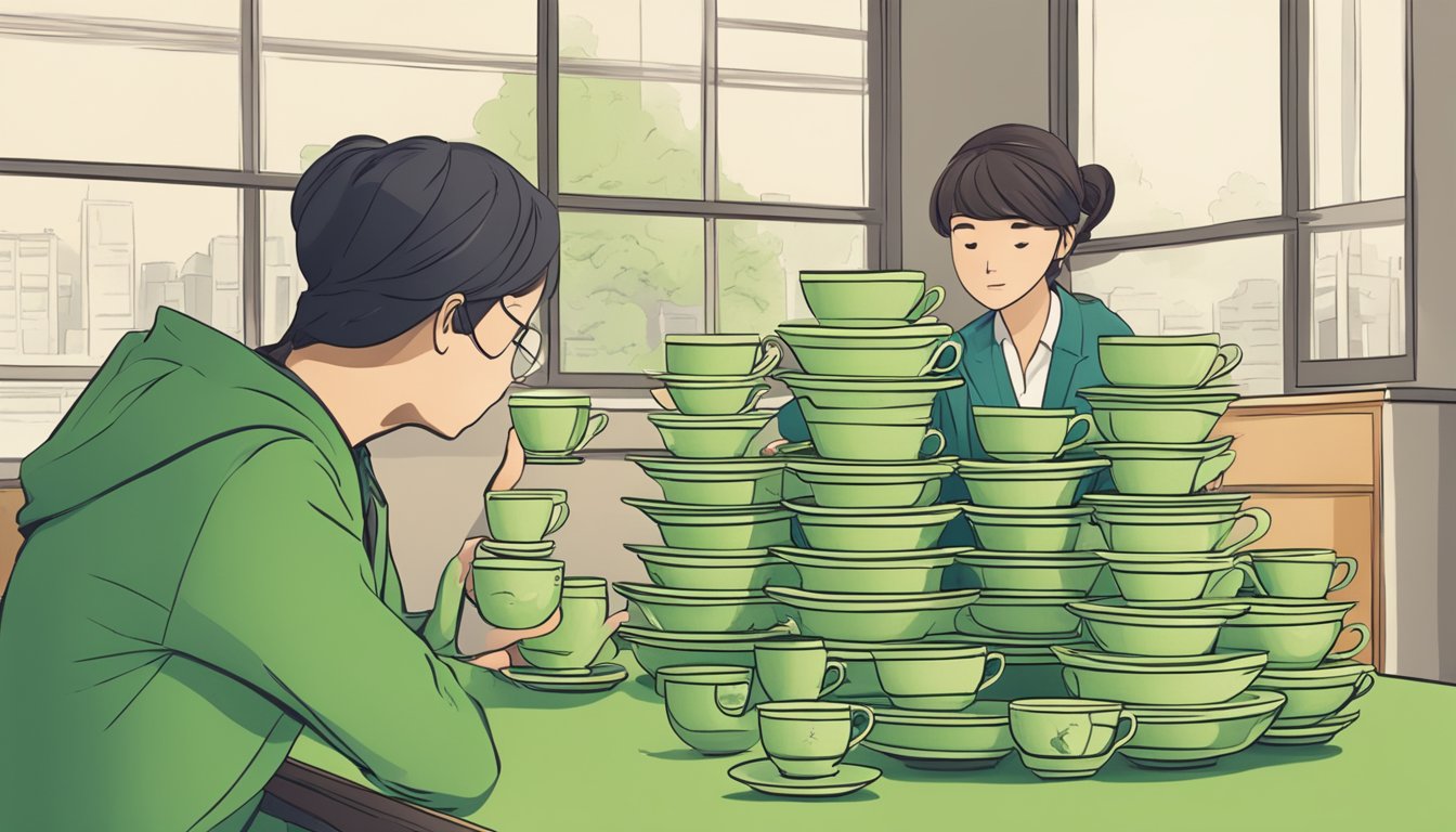 A table with multiple cups of green tea stacked on top of each other, with a concerned person looking at them