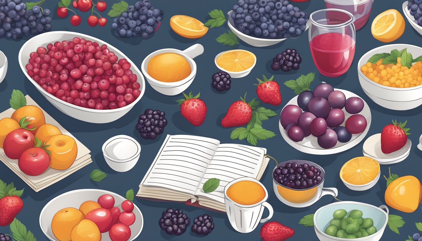 A colorful array of berries spilling out of various dishes and containers, surrounded by recipe books and measuring cups