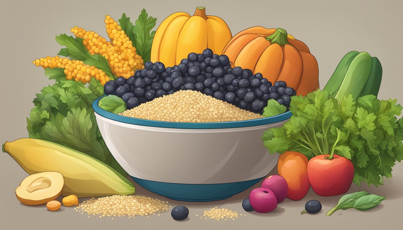 A bowl overflowing with quinoa, surrounded by various fresh vegetables and fruits, with a measuring cup nearby