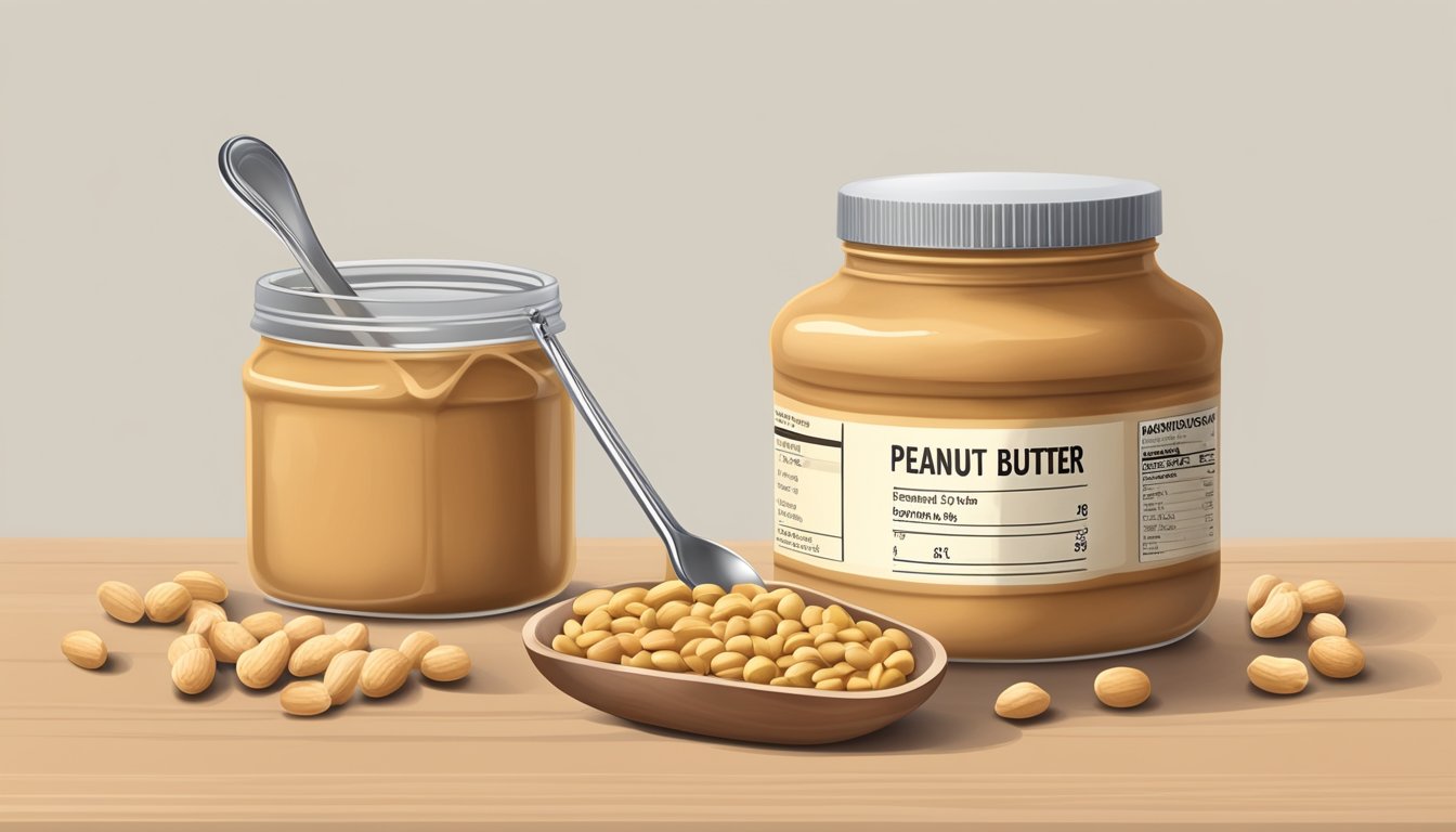 A jar of peanut butter with a measuring spoon, surrounded by peanuts and a nutrition label