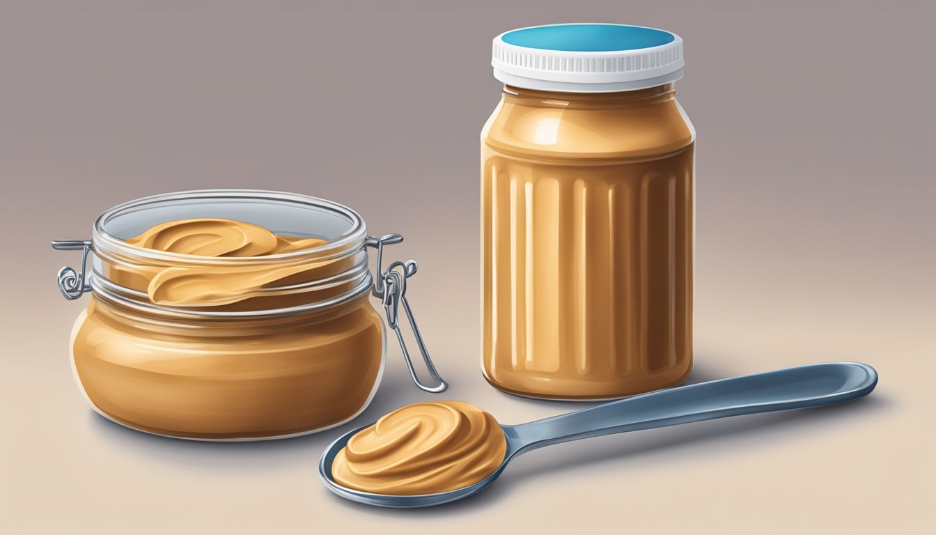 A jar of peanut butter with a measuring spoon next to it