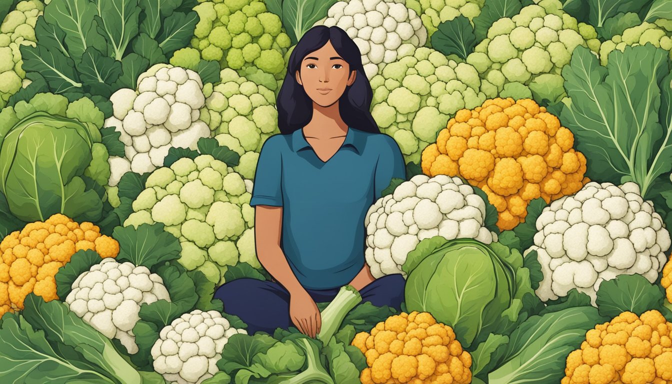 A person surrounded by various sizes of cauliflower, with a pile of the vegetable in front of them, indicating consumption