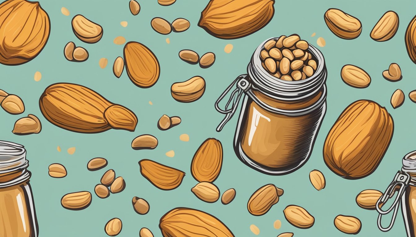 A jar of peanut butter with a large spoon scooping out a heaping portion, surrounded by various peanuts and peanut plants