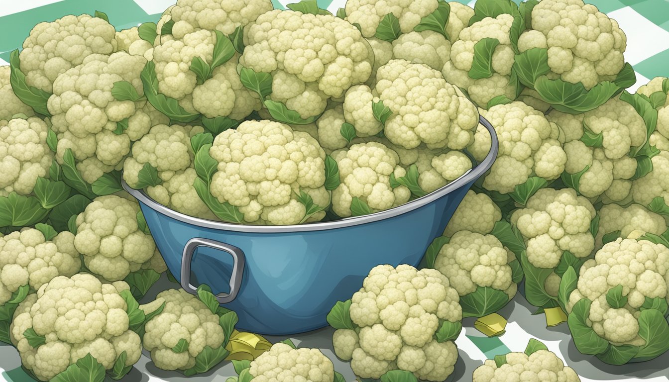 A pile of overflowing cauliflower heads, spilling out of a measuring cup, with a warning label and caution tape nearby