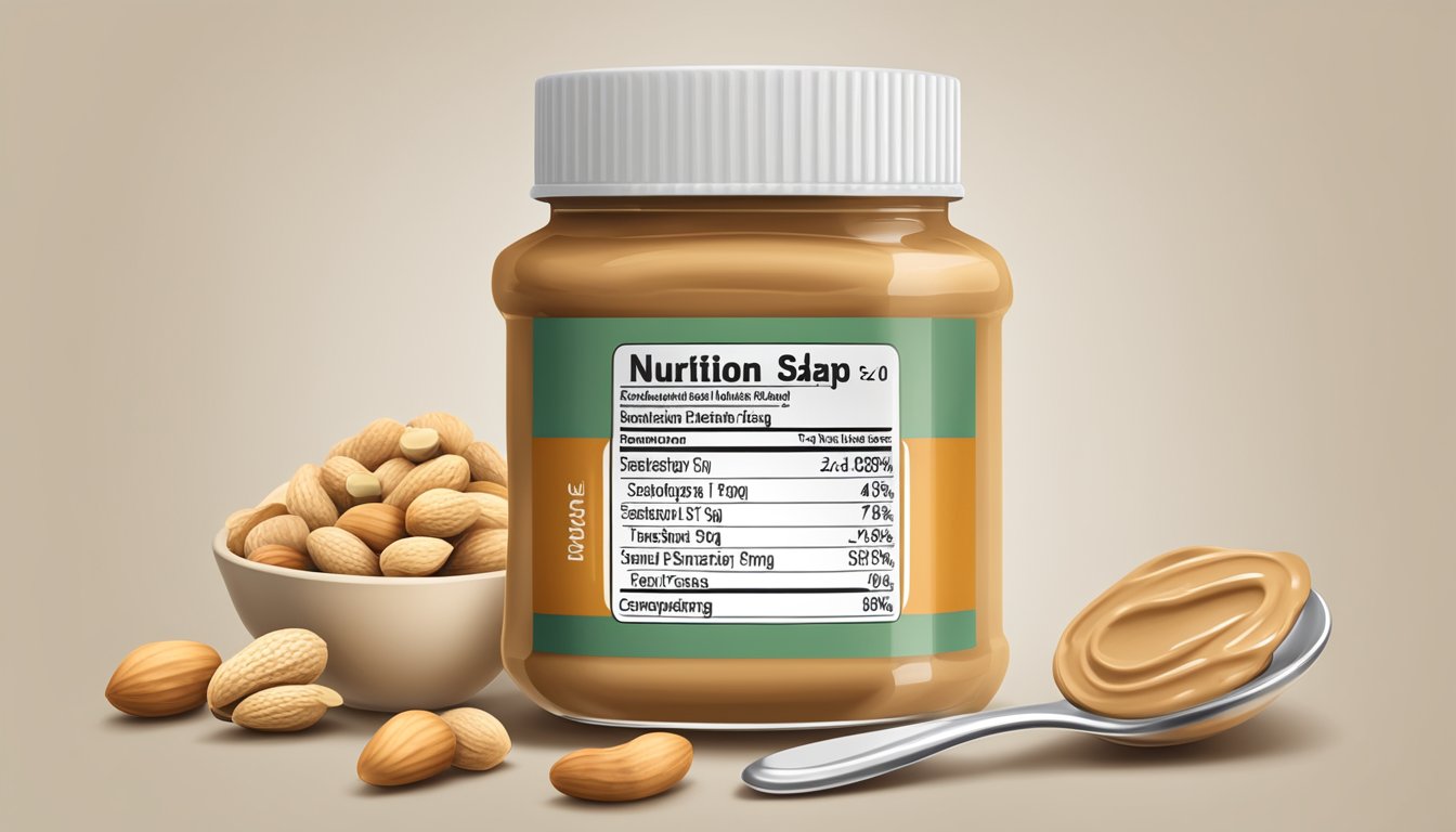 A jar of peanut butter with a measuring spoon next to it, surrounded by various nuts and a nutrition label