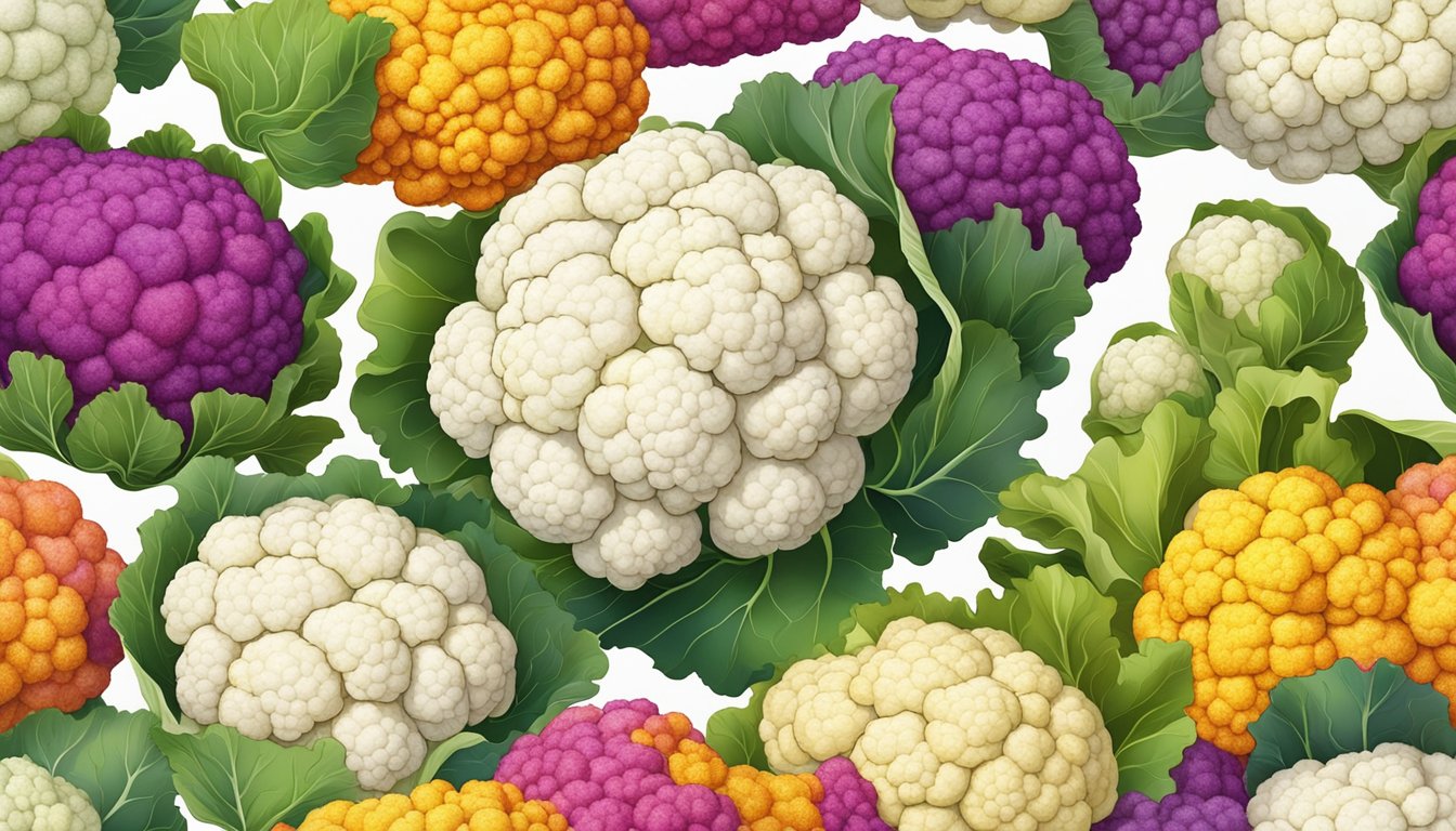 A colorful array of cauliflower heads, some whole and some cut into florets, arranged on a clean white surface