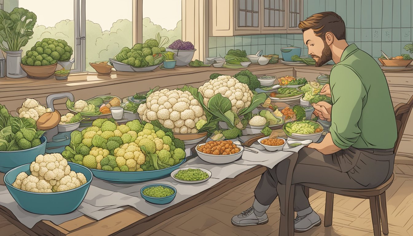 A table filled with various dishes featuring cauliflower, with a person pondering over the question "how much cauliflower per day is too much."