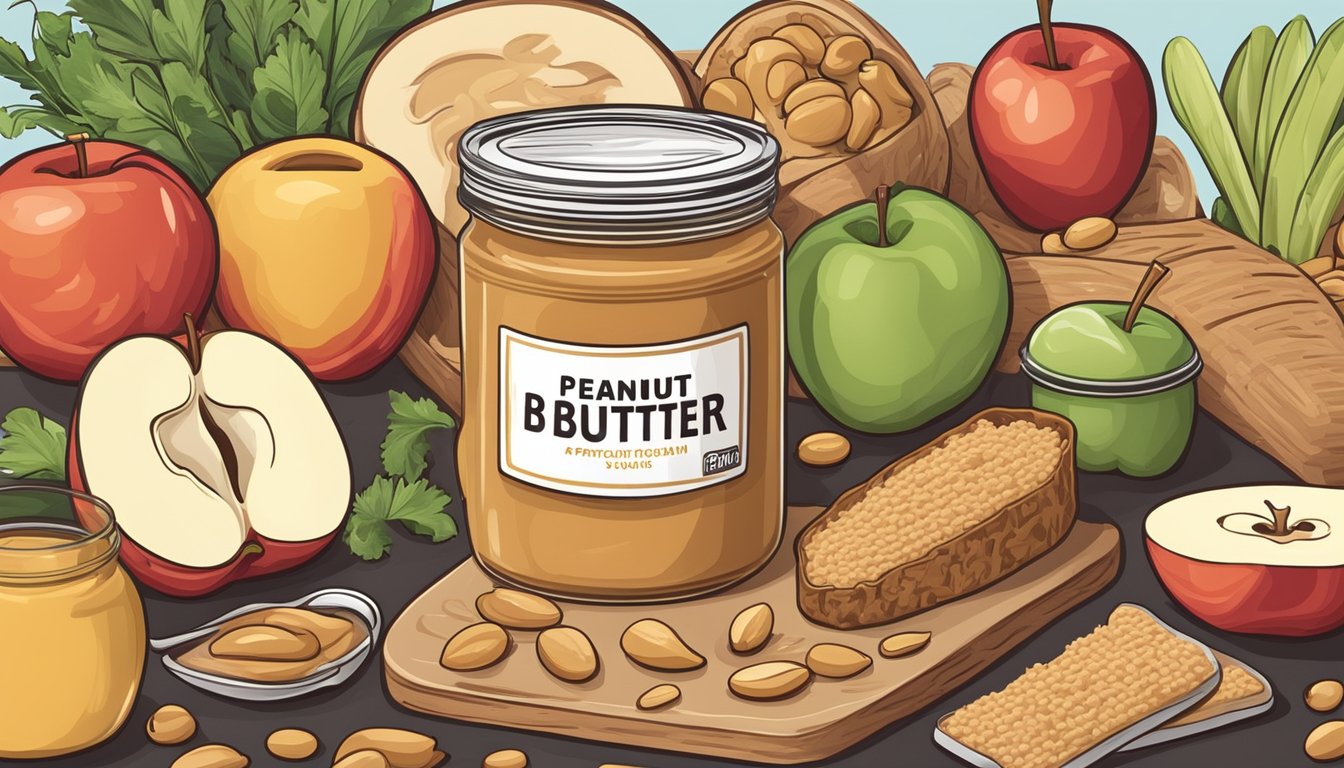 A jar of peanut butter surrounded by various foods, such as apples, celery, and whole grain bread