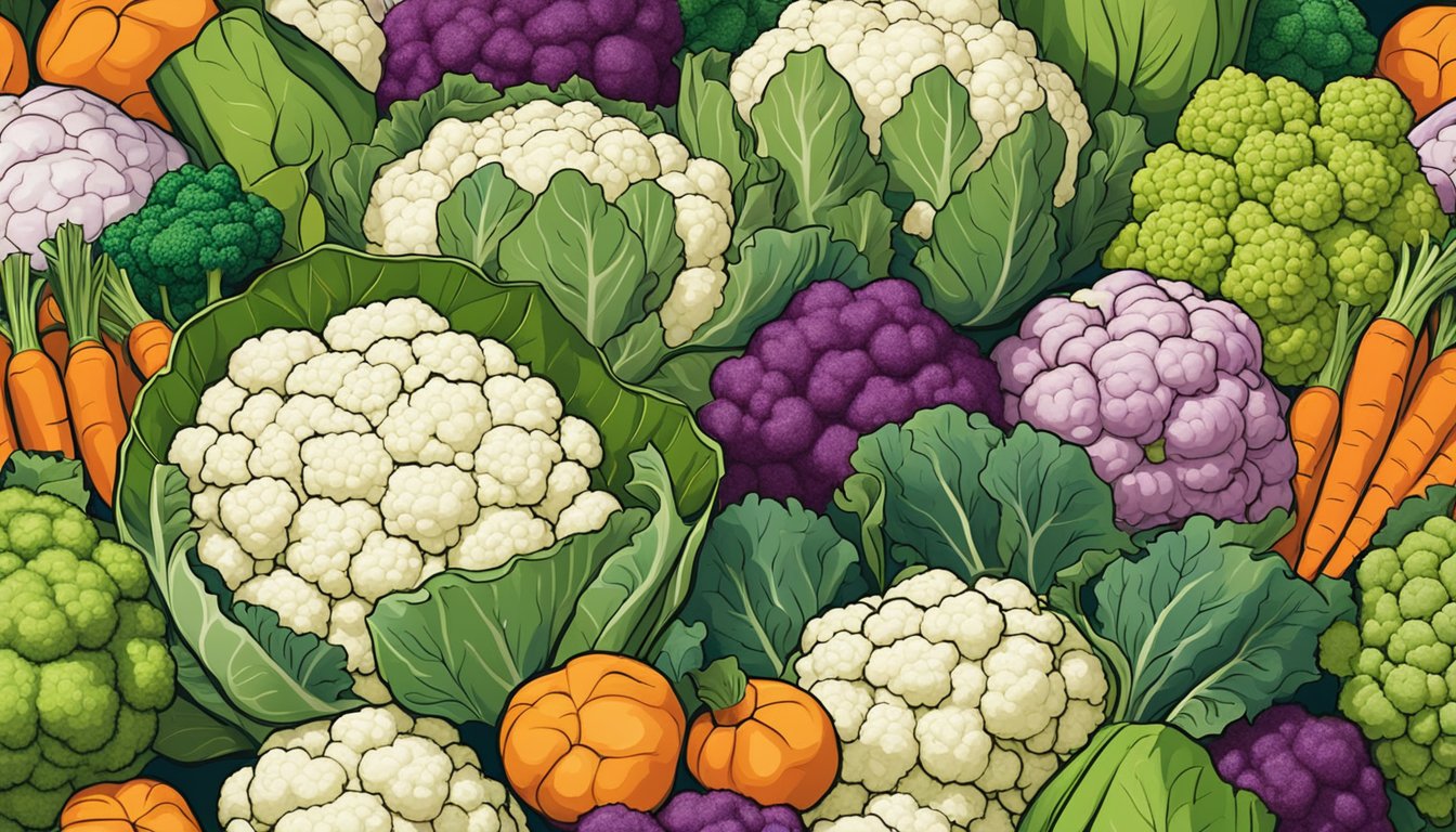 A colorful array of cruciferous vegetables, including cauliflower, arranged in a bountiful display at a farmer's market