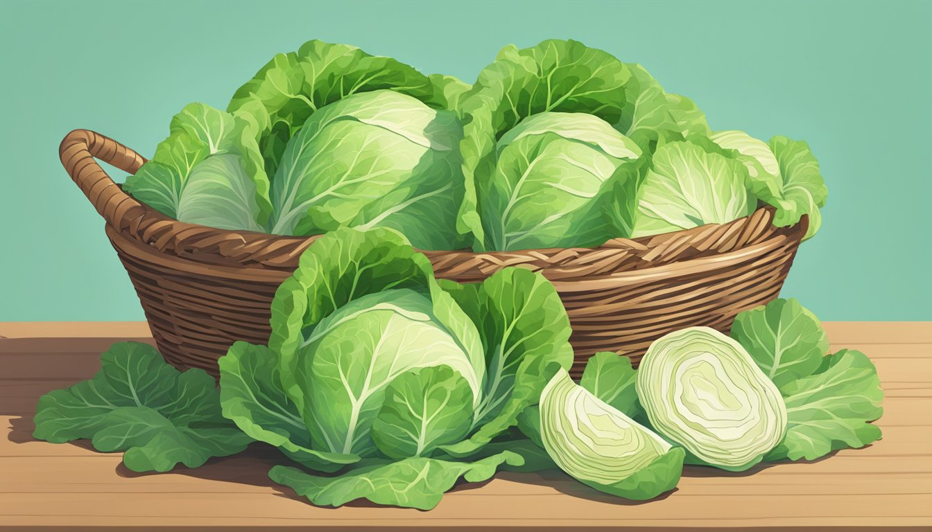 A pile of cabbage leaves spilling out of a basket, with a measuring cup next to it indicating a large serving size