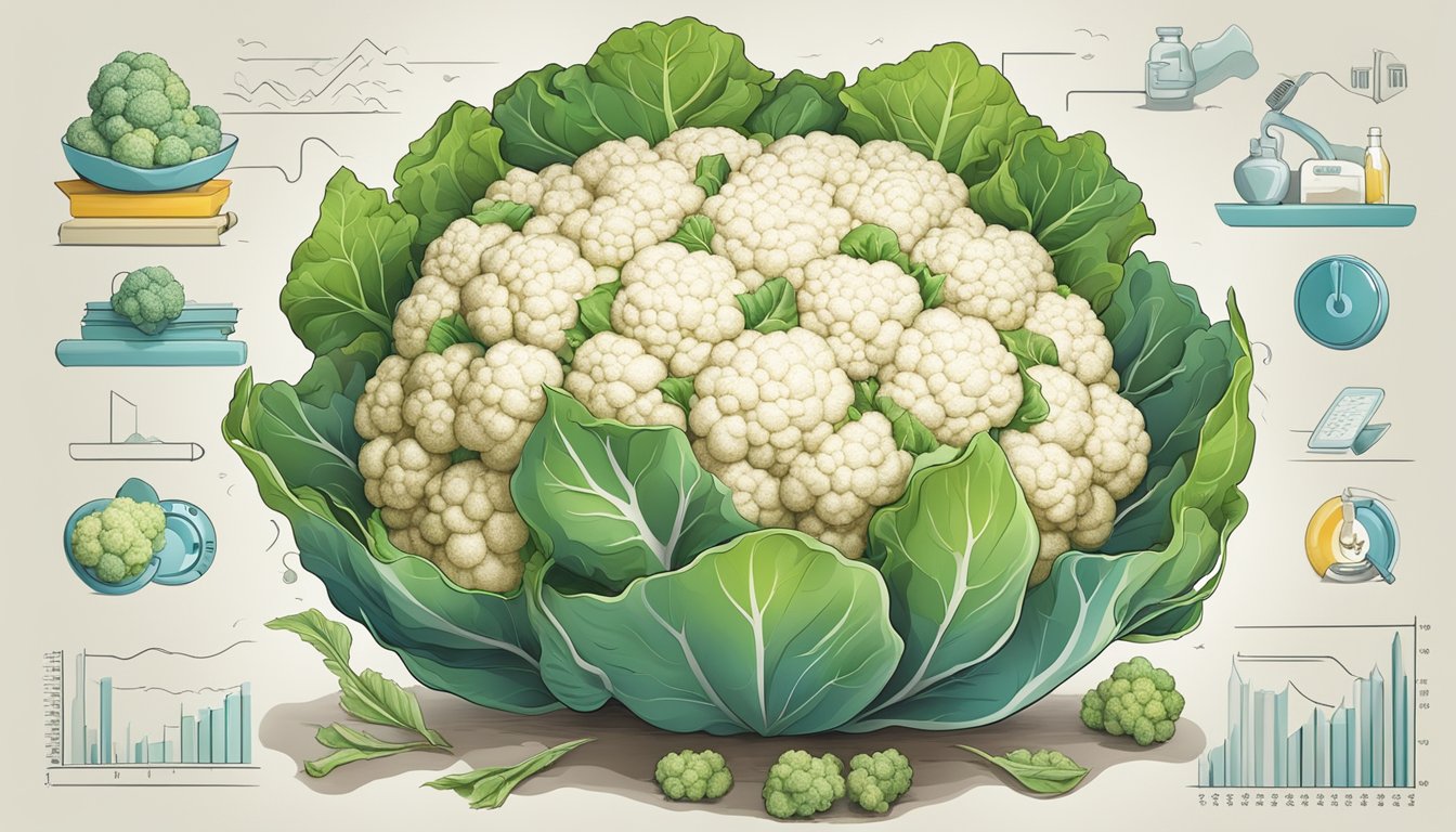 A large cauliflower surrounded by various health condition symbols