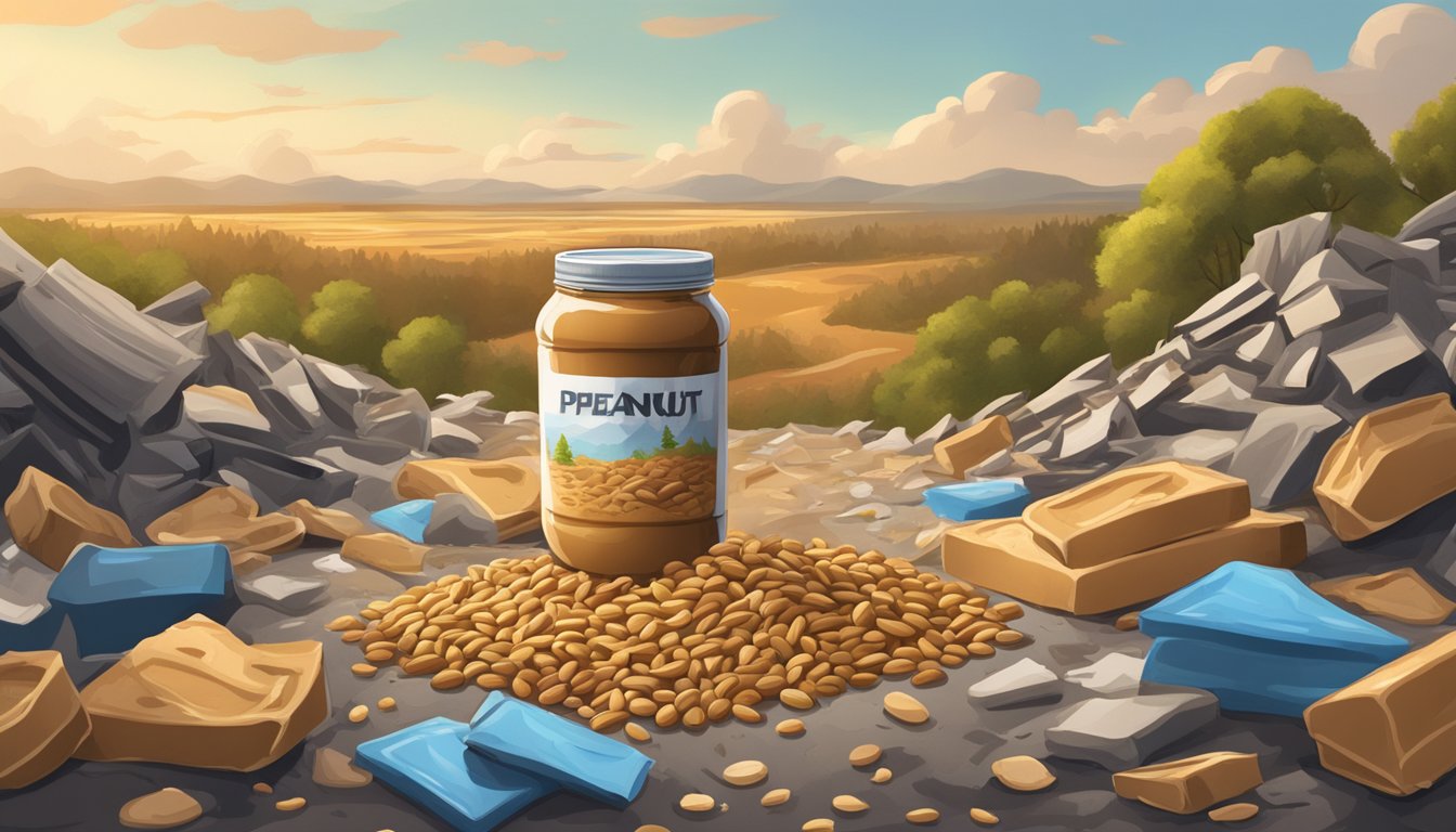 A jar of peanut butter surrounded by overflowing garbage and a deforested landscape