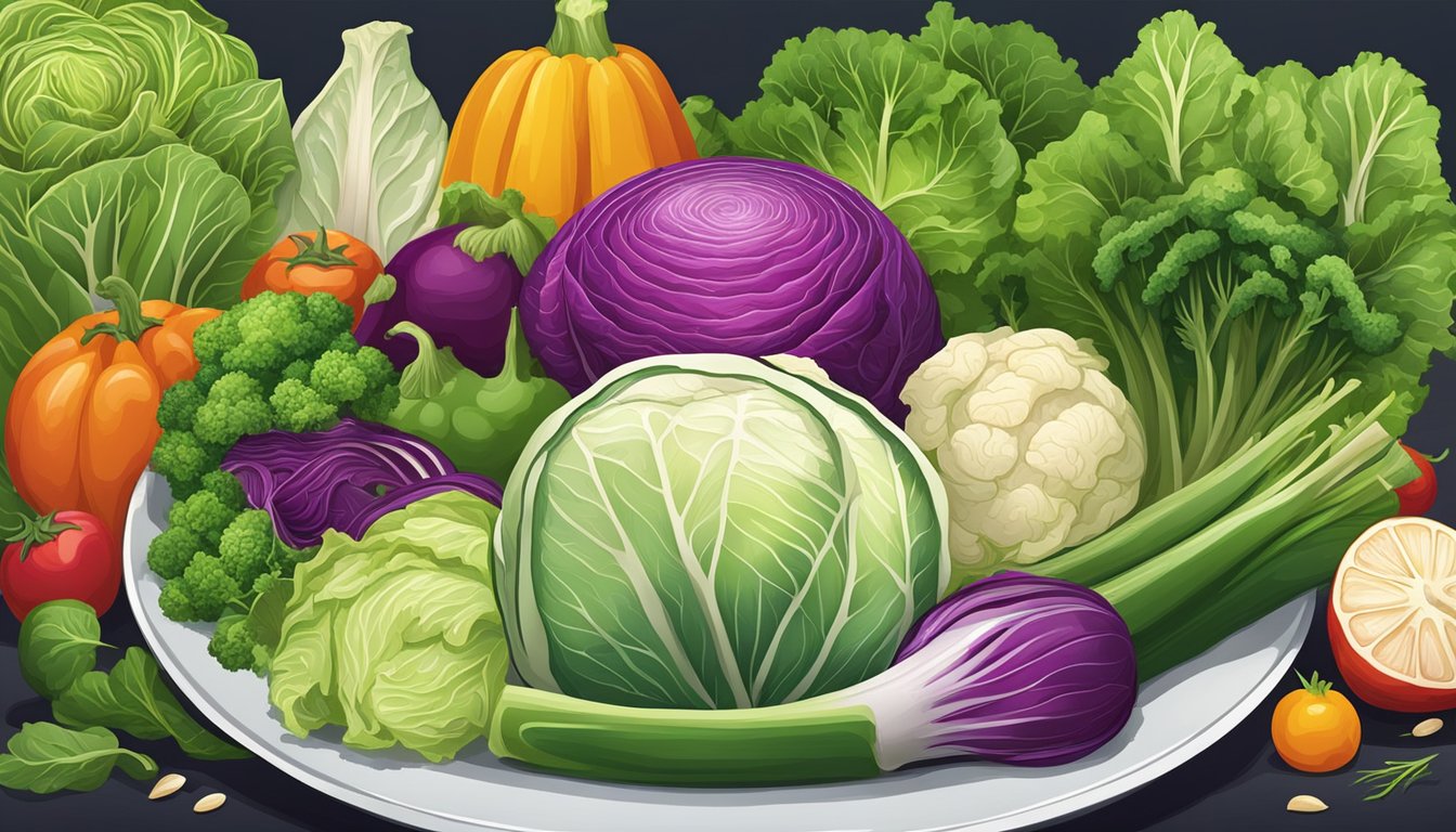 A plate with a variety of colorful vegetables, including cabbage, arranged in a balanced and appealing manner