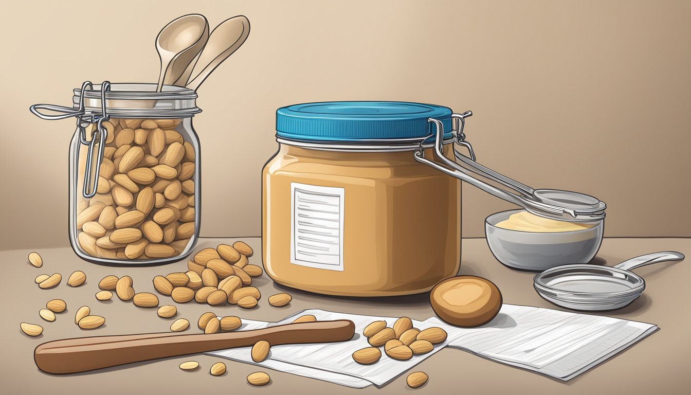 A jar of peanut butter surrounded by measuring spoons and a daily intake guide, with a storage container in the background