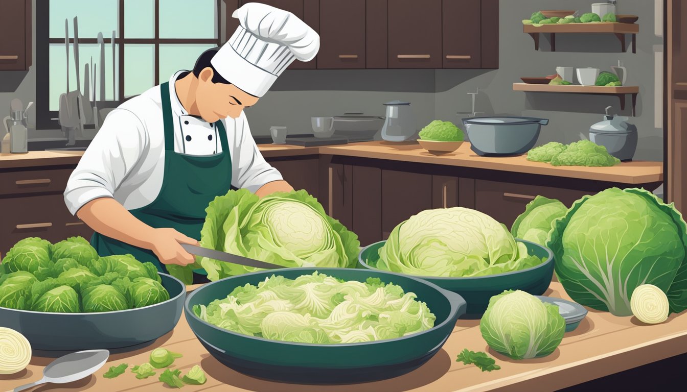 A table with various cabbage dishes, a chef chopping cabbage, and a person measuring portions