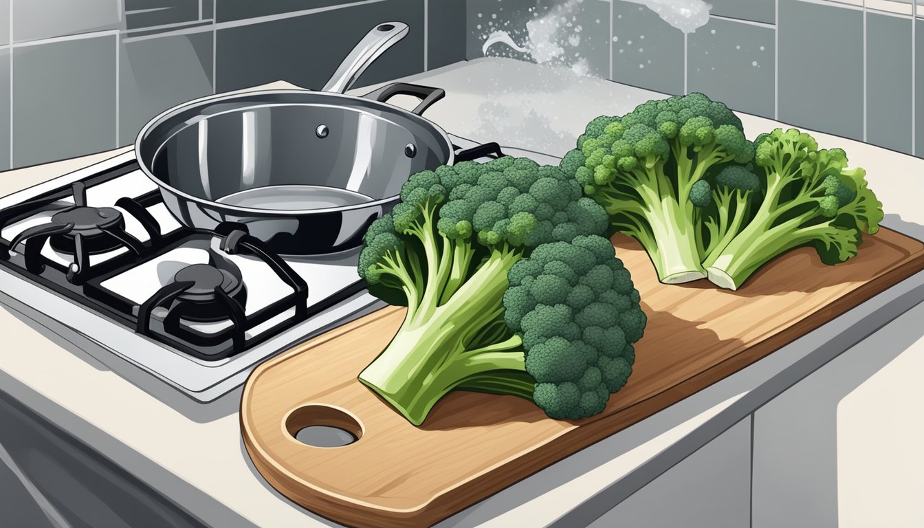 Broccoli being washed and cut on a cutting board, a pot of water boiling on the stove, and a steamer ready to cook the broccoli