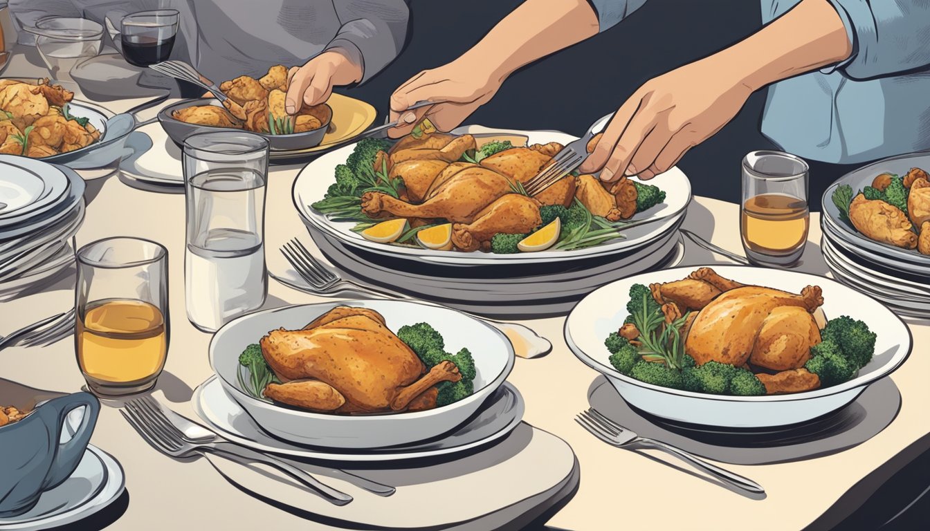 A dinner table with multiple plates of chicken, a person holding a fork hesitating to take another serving