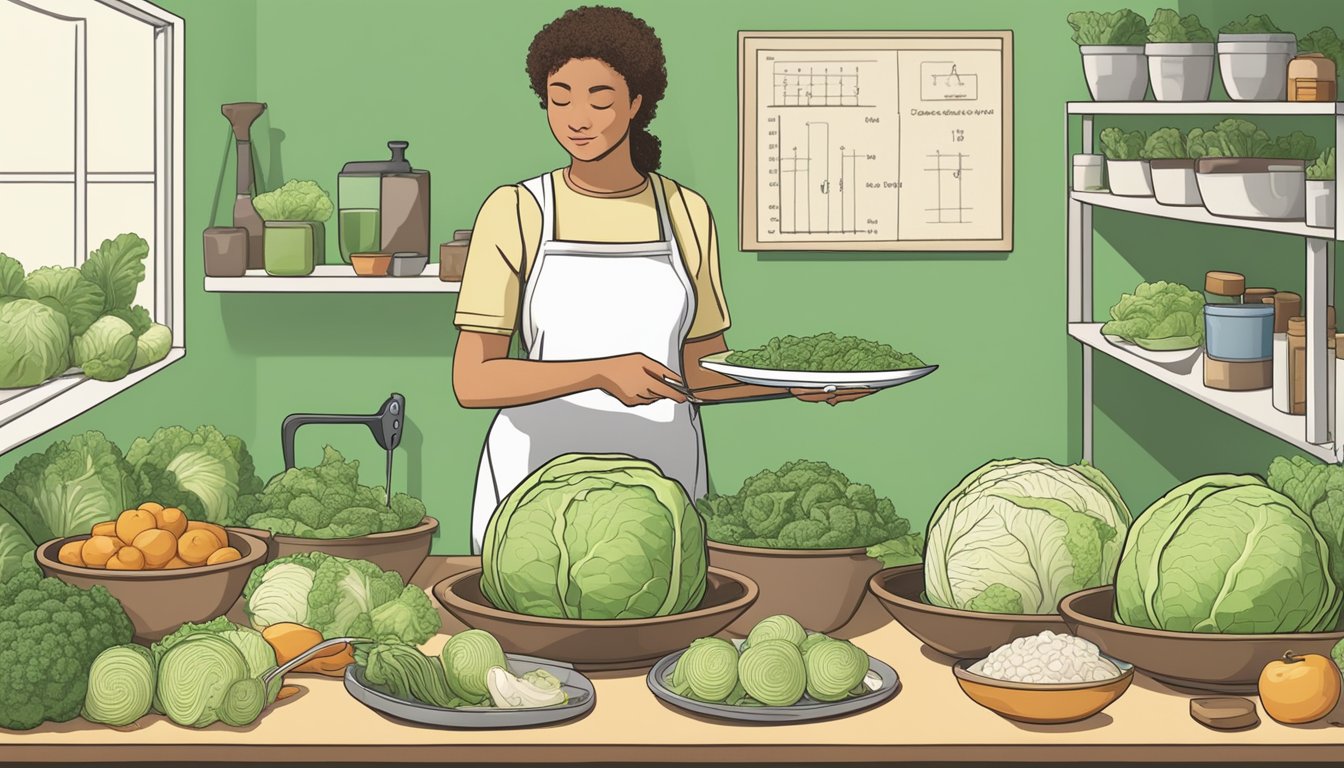 A person with a scale measuring out portions of cabbage, surrounded by various measuring tools and a chart of recommended daily intake levels