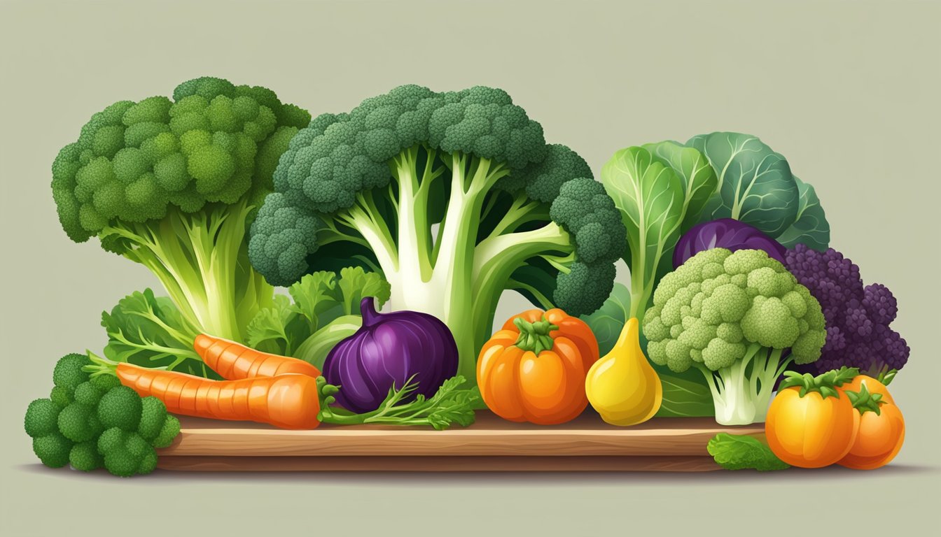 A table with a variety of colorful vegetables, including broccoli, arranged in a visually appealing manner