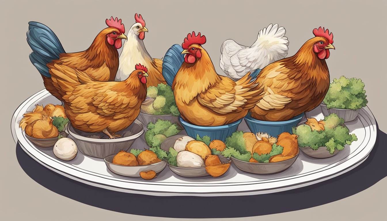 A variety of chickens in different sizes and colors, each placed on a plate with a serving size indicated next to them