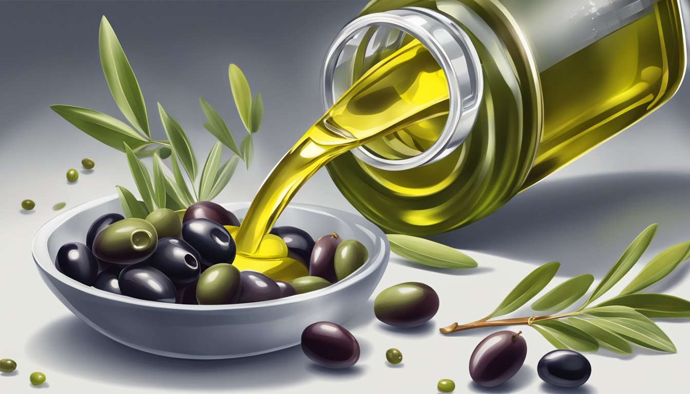 A bottle of olive oil pouring into a measuring spoon, overflowing. A pile of olives beside it