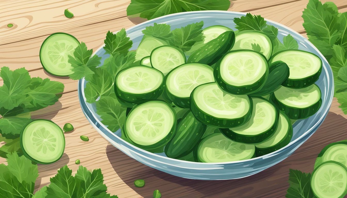 A bowl of sliced cucumbers surrounded by fresh green leaves and a glass of water on a wooden table