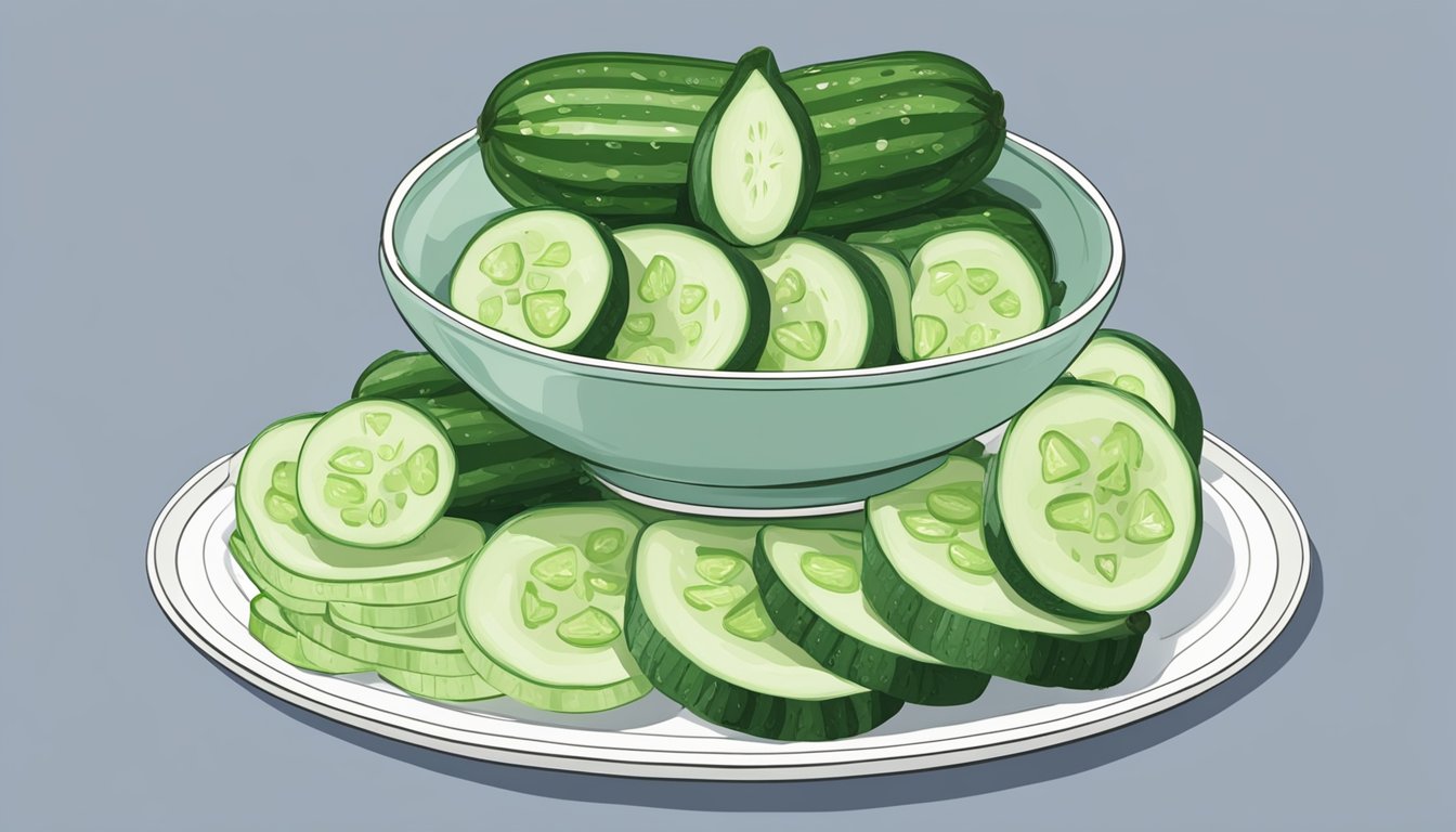 A plate with multiple slices of cucumber stacked on top of each other, with a measuring cup next to it to indicate serving size