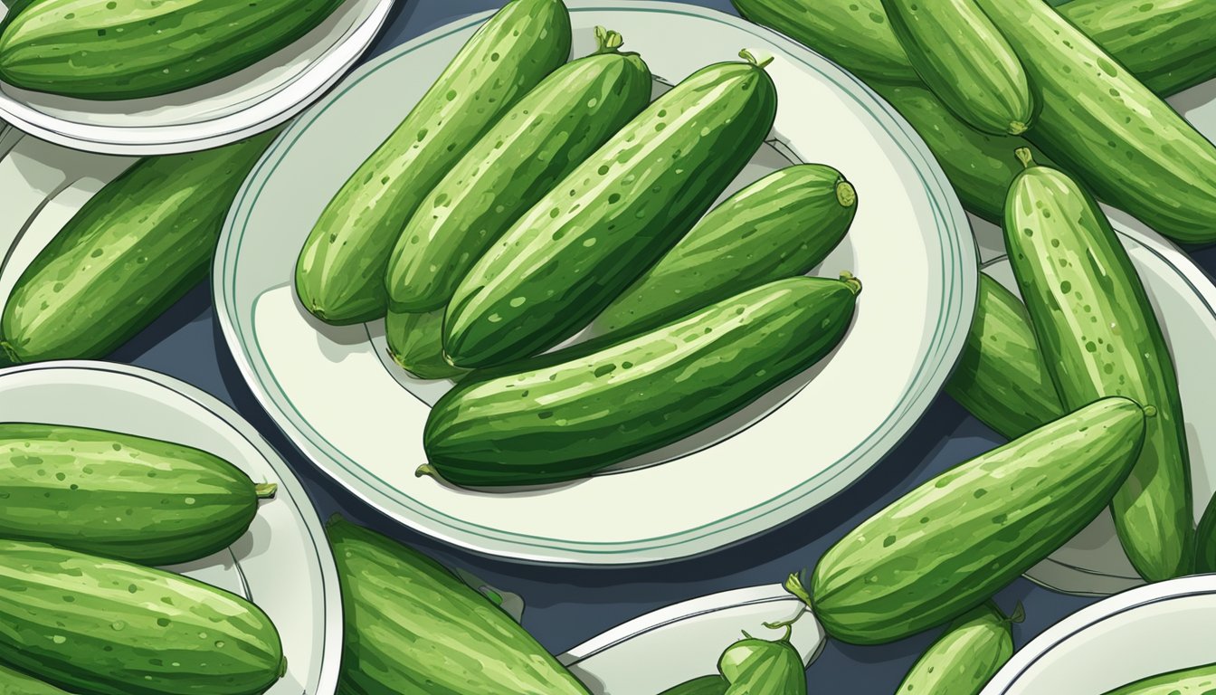 A pile of cucumbers stacked on a plate, with a warning sign and a question mark hovering above them