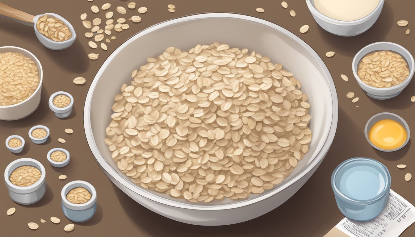 A bowl of oatmeal overflowing with oats, surrounded by measuring cups and a nutrition label