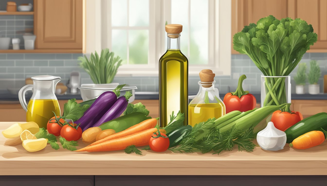 A kitchen counter with a variety of fresh vegetables, a bottle of olive oil, and a measuring spoon