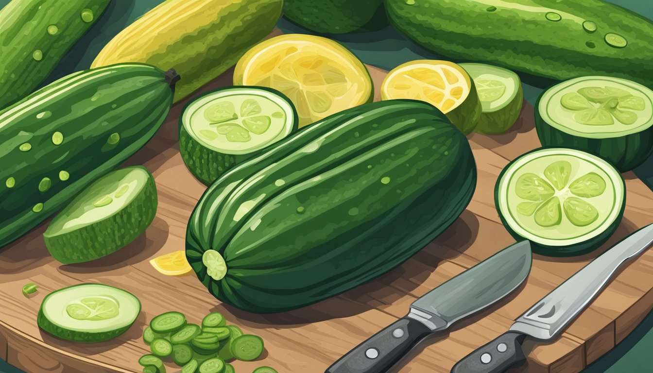 A hand holding a cucumber, surrounded by various other cucumbers of different sizes and colors, with a cutting board and knife nearby