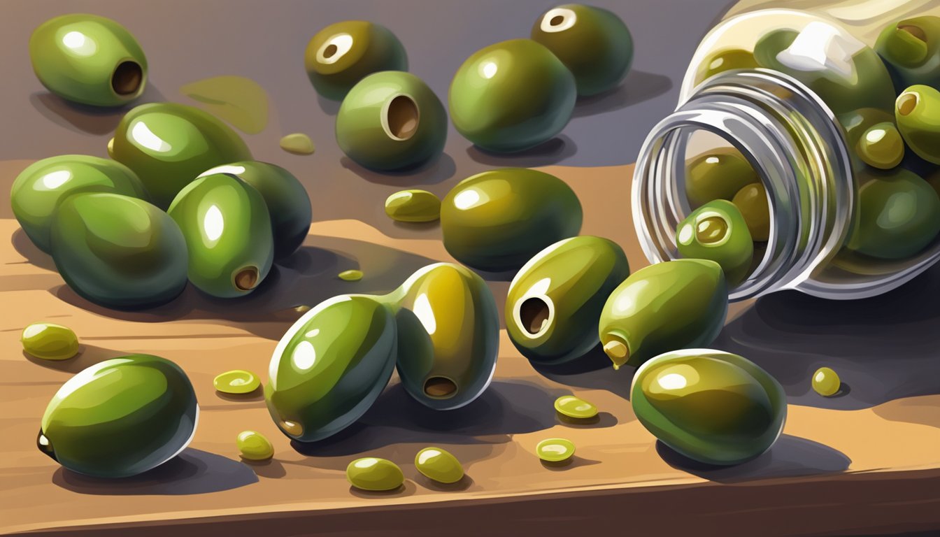 A group of olives overflowing from a small bottle, spilling onto a table. A measuring spoon lies nearby, overflowing with oil