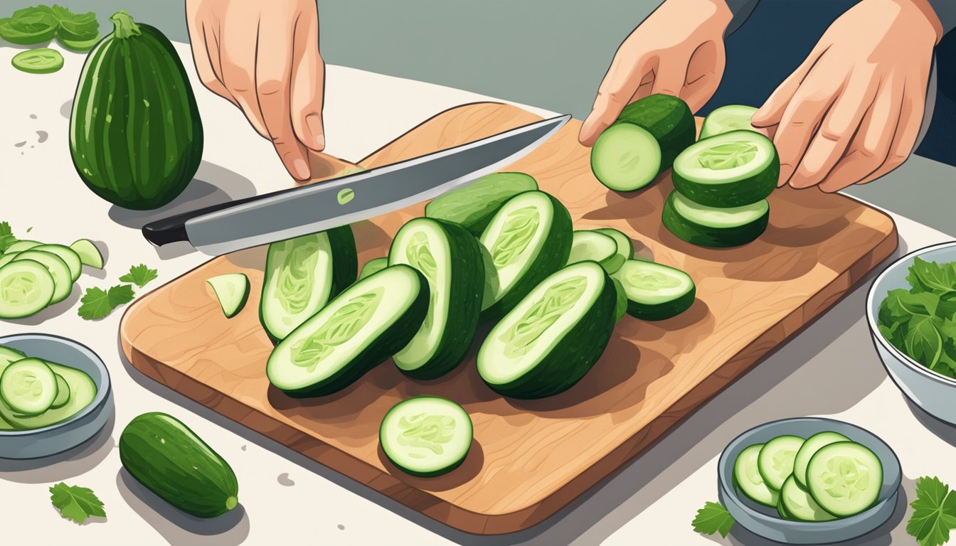 A person slicing cucumbers into a salad, with several whole cucumbers and slices on a cutting board