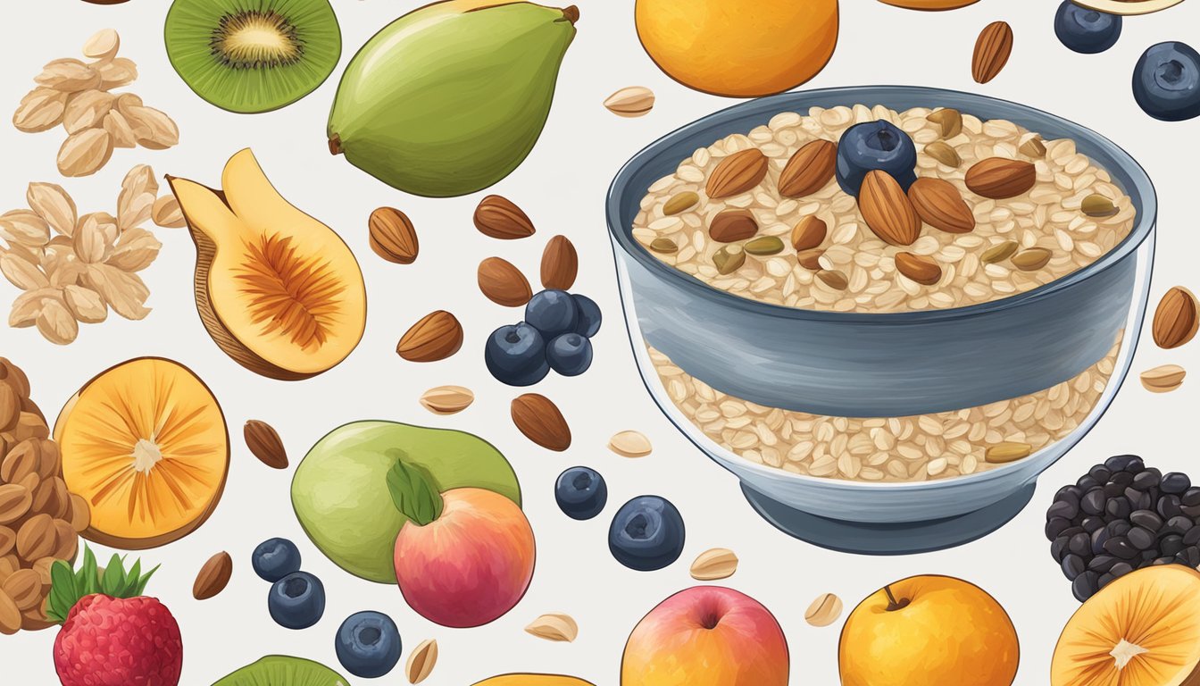 A bowl of oatmeal surrounded by a variety of fruits, nuts, and seeds, with a glass of water on the side