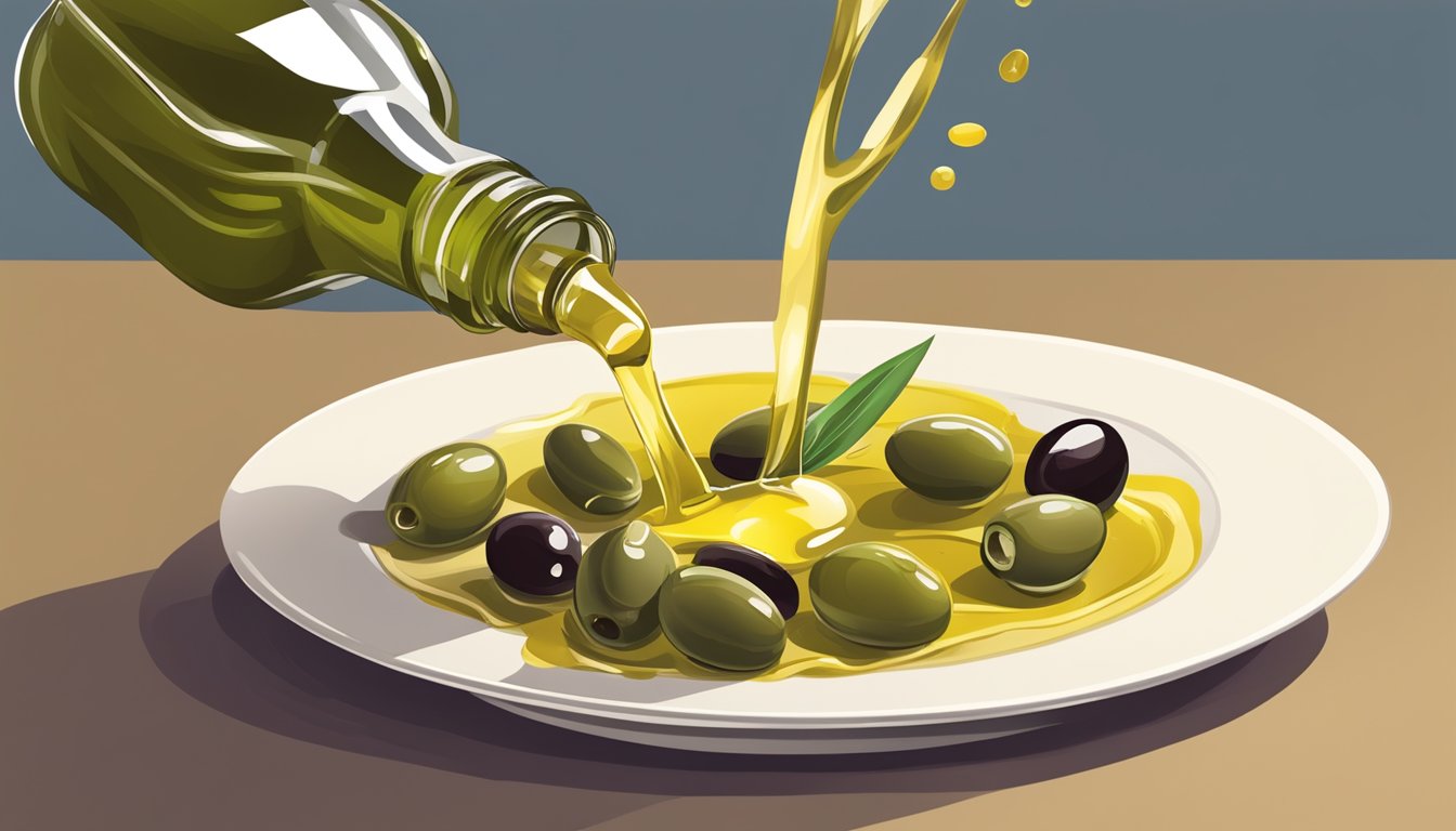 A bottle of olive oil pouring excessively onto a plate of food, overflowing