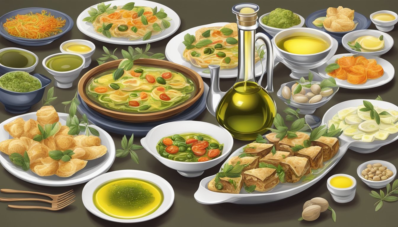 A table set with various cultural dishes, each drizzled with a different amount of olive oil