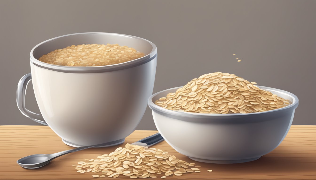 A bowl of oatmeal overflowing with oats, next to a measuring cup