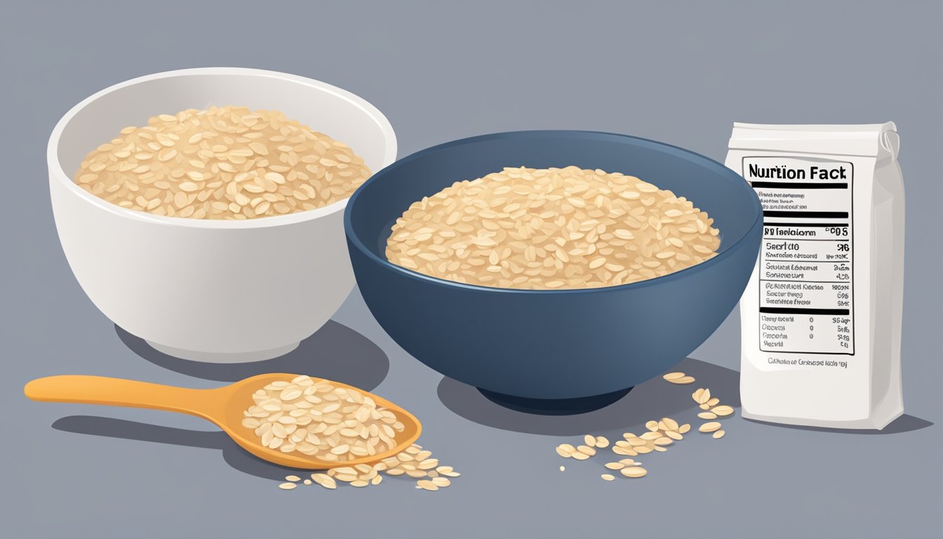 A table with a bowl of oatmeal, measuring cup, and spoon. A nutrition label and a pile of oats in the background