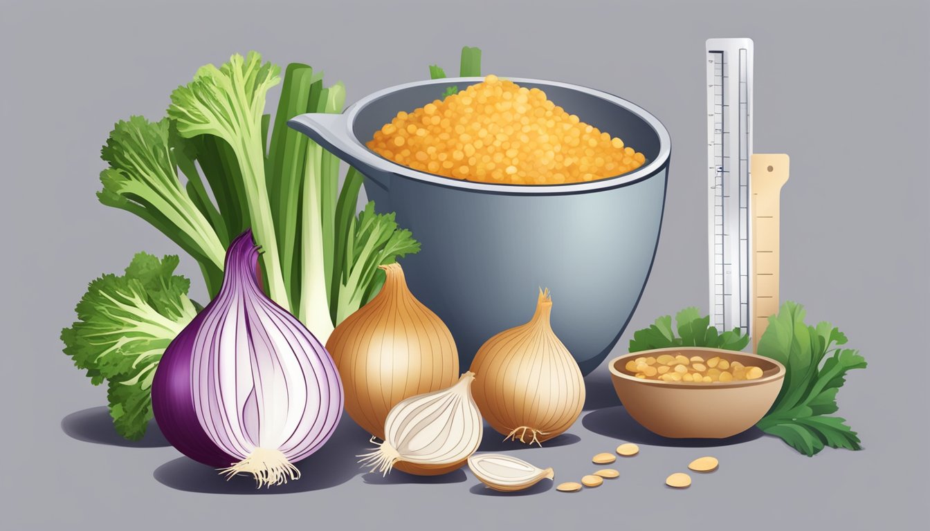 A pile of onions with a measuring cup next to it, surrounded by various health and wellness items