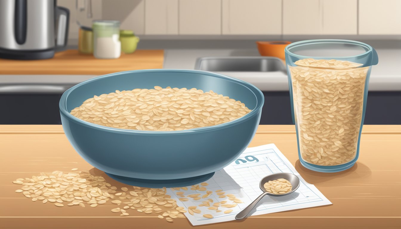 A bowl of oatmeal overflowing with oats, next to a measuring cup and a daily limit chart on a kitchen counter