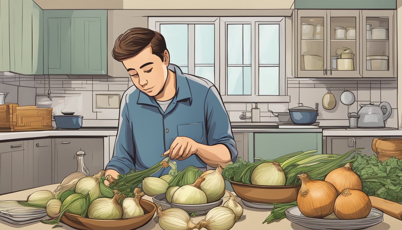 A table with various dishes, including a large pile of onions. A person looks concerned while measuring onions with a scale