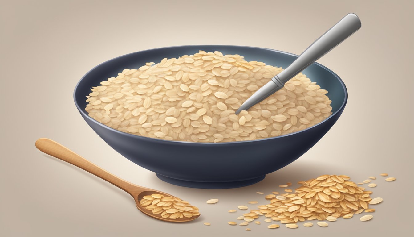 A bowl overflowing with oatmeal, surrounded by scattered oats and a measuring scoop