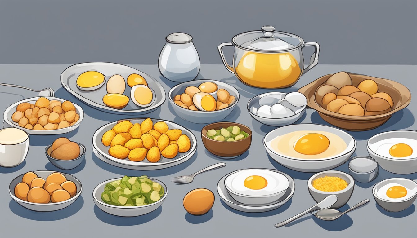 A colorful array of eggs, from fried to boiled, arranged on a table with various serving options like plates, bowls, and utensils