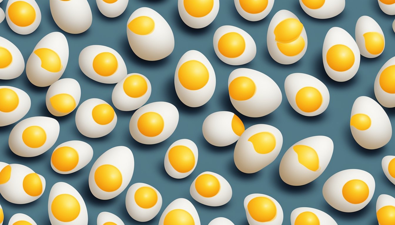 A dozen eggs arranged in a neat row, with a few eggs cracked open to reveal the bright yellow yolks inside