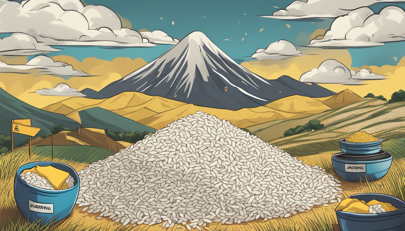 A mountain of rice overflowing from a bowl, with caution signs and warning labels scattered around it