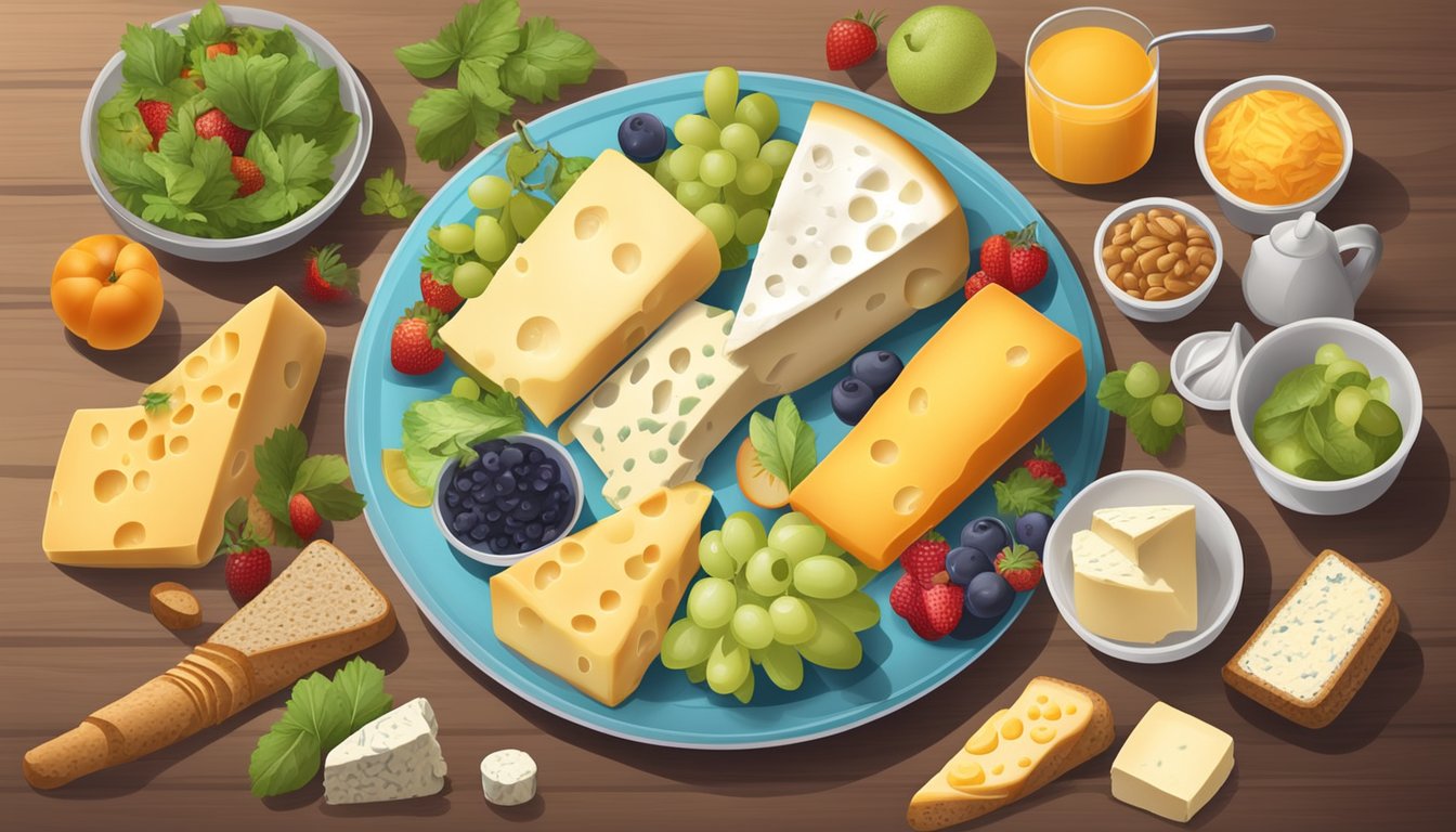 A colorful plate with a variety of cheeses, surrounded by a selection of fruits, vegetables, and whole grain bread