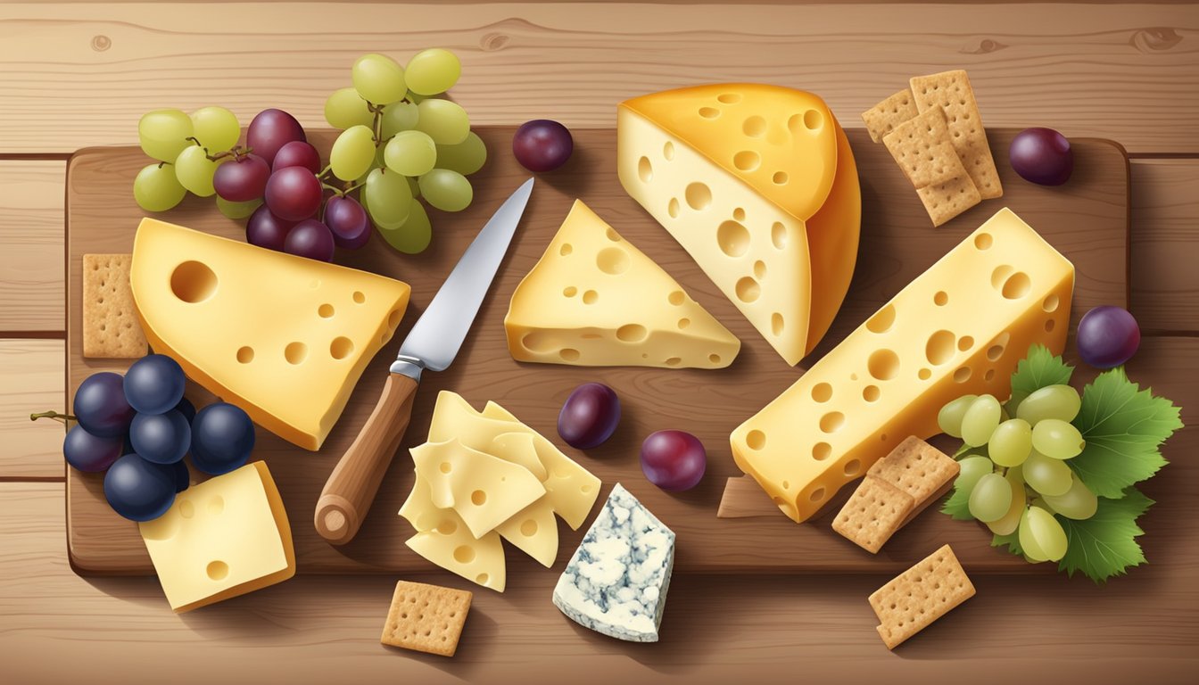 A variety of cheese types arranged on a wooden board with grapes and crackers