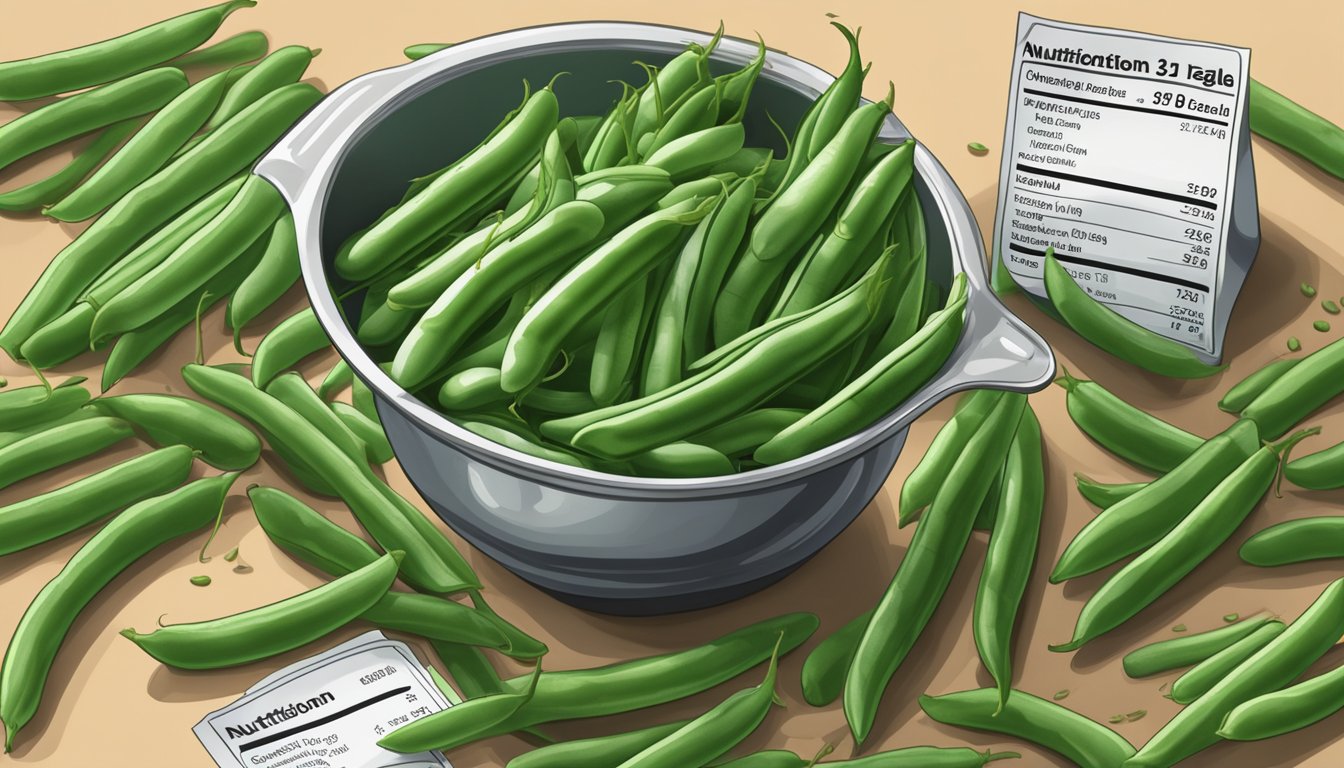 A pile of green beans spilling out of a measuring cup, with a nutrition label in the background