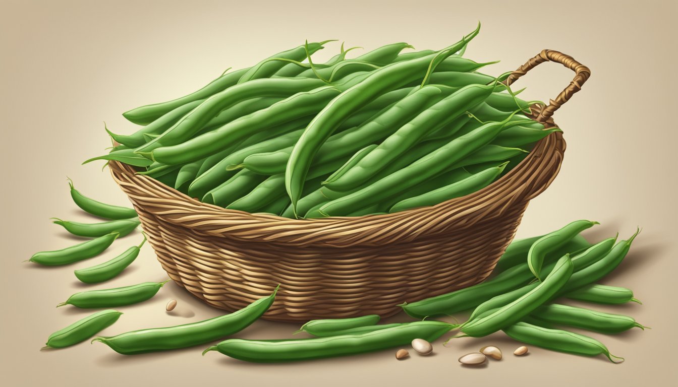 A pile of vibrant green beans overflowing from a wicker basket, with a measuring cup nearby