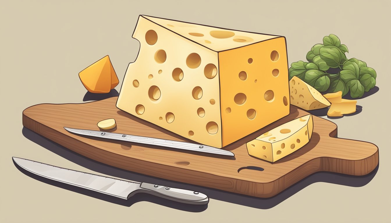 A person measuring out portions of different types of cheese on a cutting board with a knife and a ruler